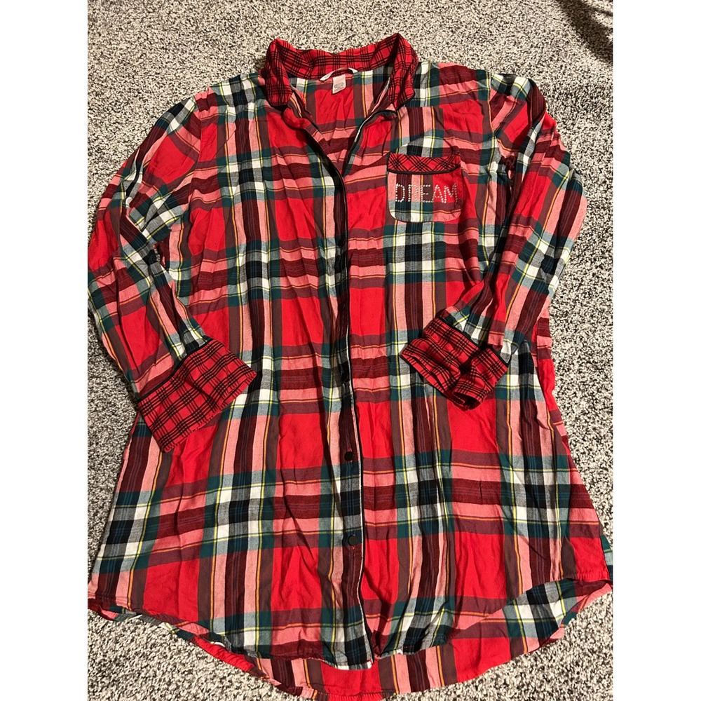 E10 Victoria's Secret Red‎ Plaid Dream Rhinestone Pocket Sleep Shirt L